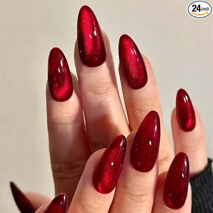 24Pcs Pink Press on Nails Short Almond ZWENJIE Cat Eye Fake Nails Press ons Nail Tips Stick on Nails Glossy Acrylic Nails Kit French False Nails with Glitter Heart Design Nail Art for Women Manicure