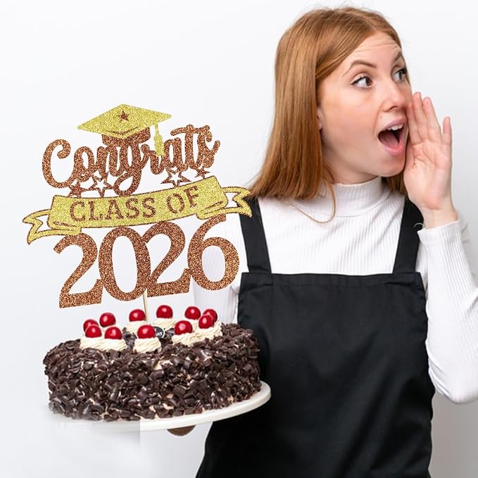 Glitter Class of 2026 Cake Topper，Congrats Grad Decorations， 2026 Happy Graduation High School/College/University Graduation Party Supplies Brown and Gold