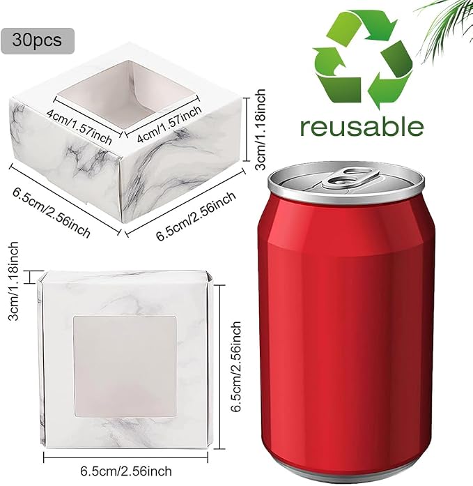 BENECREAT 30 Pack of Marble Cookie Boxes 6.5 x 6.5 x 3 cm with Window White Bakery Treat Boxes for Sweets, Small Objects