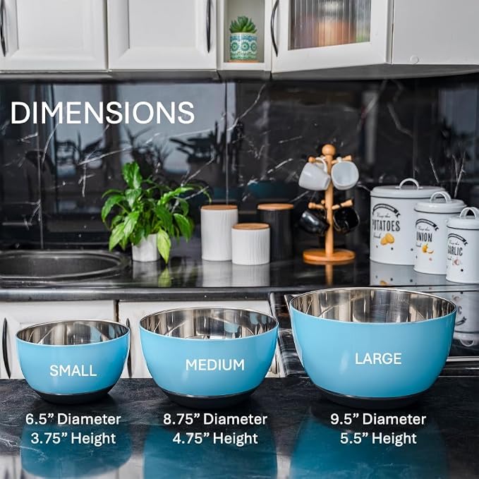 WHYSKO® Stainless Steel Mixing Bowls (Set of 3) with Non-Slip Silicone Base for Kitchen, Dishwasher Safe Bowls for Meal Prep, Cooking, Baking, Serving, Food Storage (Light Blue)