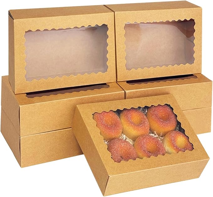 qiqee Auto-pop up Cookie Box with Window 9x6x2.5 Inch Brown 50Pcs Pastry Macaron Bakery Pie Box For Packaging