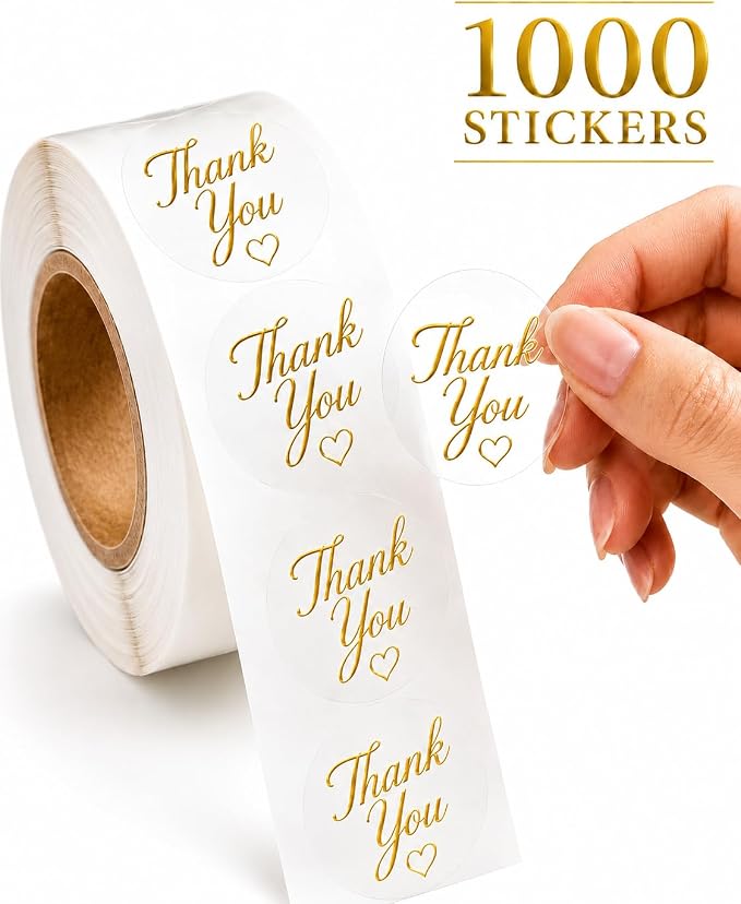 1000 Clear Thank You Stickers Roll, 1 Inch Round Gold Thank You Labels, Bulk Thank You Stickers for Small Business Packaging, Boxes, Bags, Envelopes, Baked Goods & Party Favors, 2 Rolls of 500