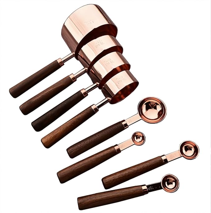 8 pieces Rose Gold Copper Measuring Cups Set and Measuring Spoons Set with Scale, BRIIEC Wooden Handle Stainless Steel Dry & Liquid Measuring Cup for Cooking Baking