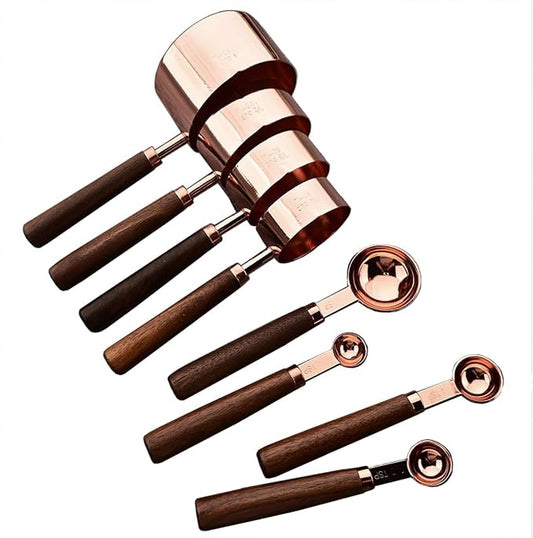 8 pieces Rose Gold Copper Measuring Cups Set and Measuring Spoons Set with Scale, BRIIEC Wooden Handle Stainless Steel Dry & Liquid Measuring Cup for Cooking Baking