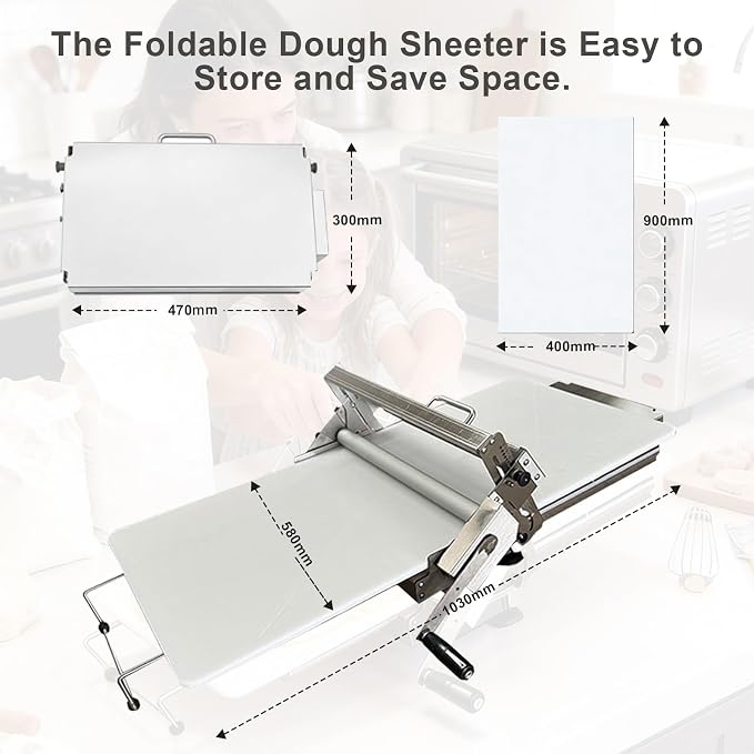Dough Sheeter Machine,Foldable Manual Dough Roller Machine with Adjustable Thickness 0-25mm,Stainless Steel Portable Pastry Roller for Commercial Home Bakery, Puff Pastry & Pizza Dough (40.5"x22.8")