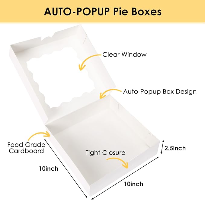 Moretoes 24pcs Bakery Boxes, 10x10x2.5 Inches Auto-Popup Pie Boxes for Cookies, Chocolate Covered Strawberries, Pies, Donuts, Muffins