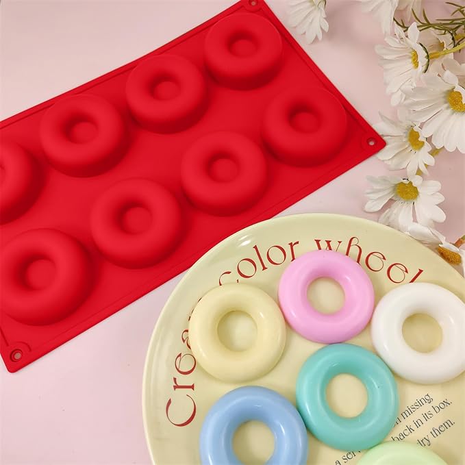 2er Pack Silicone Donut Mold - Non-Stick Silicone Doughnut Pan DIY Chocolate Baking Cookie Molds, Heat Resistant, Make Donut Cake Biscuit Bagels, BPA Free Dishwasher Safe (red, 8 Cavities)
