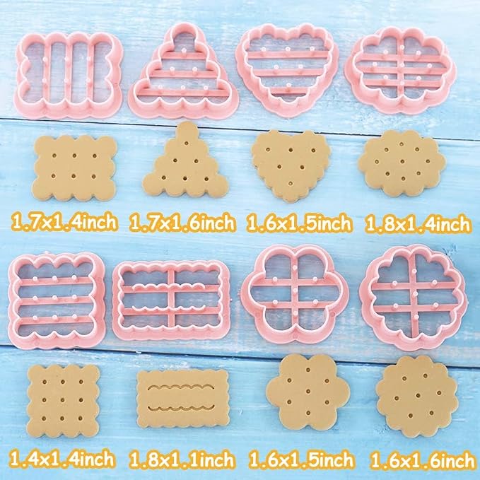 Mini Classic 8pcs 3D Raised Design Cookie Stamps, Triangle, Rectangle, Square, Heart, Star, Oval, Mini Pie Cookie Molds, Circle Cookie Cutter Set for DIY Baking