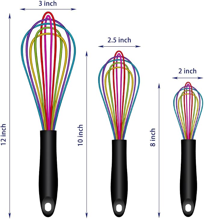 OYV Dishwasher Safe Colorful Silicone Whisk, Sealed Waterproof Design Set of 3, Professional Kitchen Whisks for Cooking Non-Scratch, Silicone & Stainless Steel Whisk, Heat Resistant Balloon Egg Beater