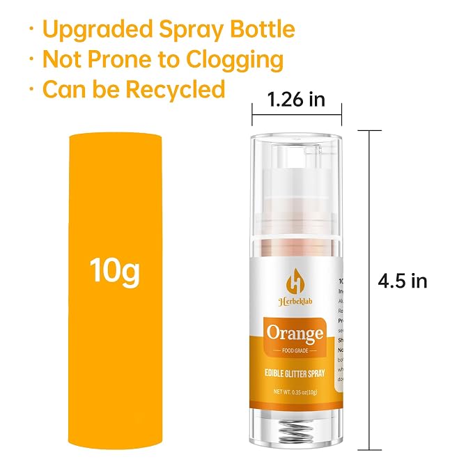 Orange Edible Glitter Spray – Herbeklab 10g Food Grade Edible Shimmer Spray for Cakes, Cookies, Chocolate, Strawberries, Drinks and Cocktails– Upgraded Bottle Design