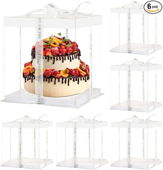JCD 6 Pcs 2-Layer Tall Cake Packaging Boxes,8x8x9in Clear Cake Box with Ribbon,PET Cake Carrier Transport Container for Tiered Cake (White Lid, 8 * 8 * 9inch/6Pcs)