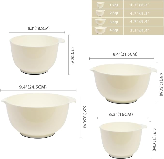 BoxedHome 4.5 Quart Large Plastic Mixing Bowls, Microwave Safe Mixing Bowl Set with Pour Spout, Nesting Bowls for Space Saving Storage(Beige)