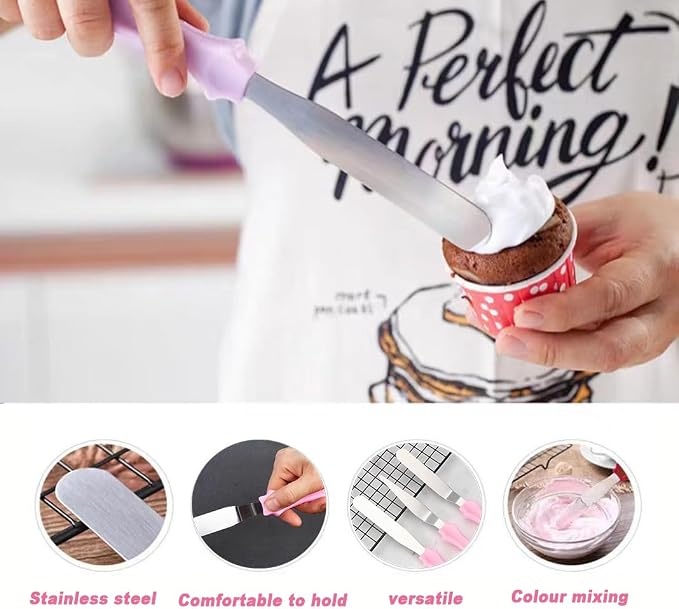 Cake Cream Spatulas, 3 Pieces of Cake Angled Spatula with Stainless Steel, Professional Cake Decorating, Pastry & Baking, Icing Frosting Cream Chocolate Cake Spatula (3pcs Pink)