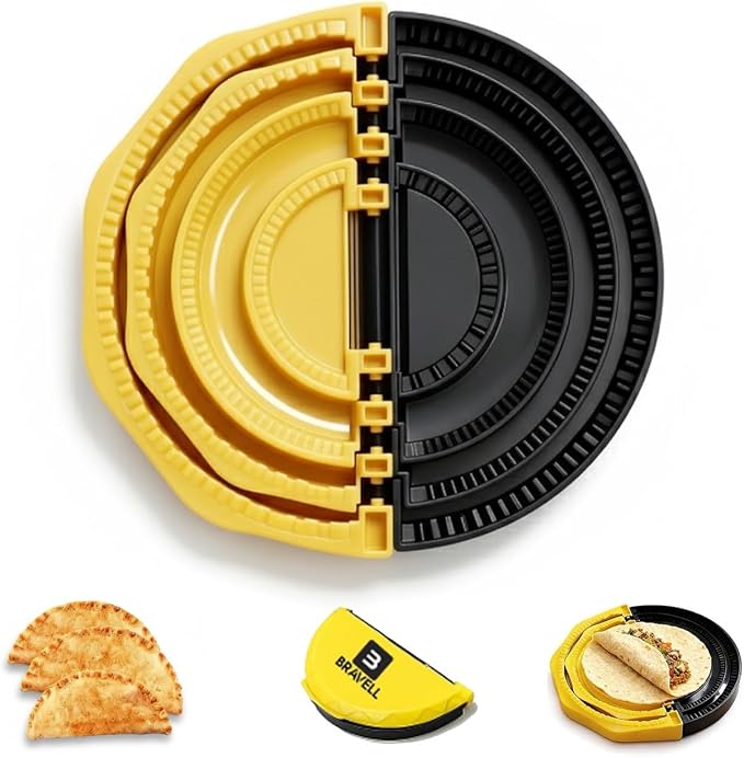 4-in-1 Tortilla Sealer (10+8+6+4 Inch) Crimper & Empanada Maker Press - Make Tortillas, Dumplings & More with Easy-Clean Food-Grade Plastic Tool with User Manual in Yellow/Black