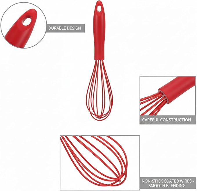 Red Silicone Whisk for Non-Stick Cookware, 10.2 Inch Coated Wire Egg Beater
