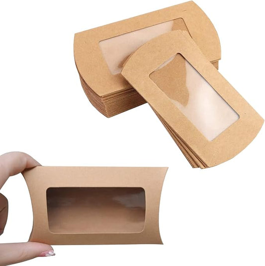 Wzttdm 40pcs Kraft Paper Mini Pillow Packaging Box with Clear Window, Box Treat Gift Packaging Box for Bakery Candy Chocolate Jewelry Display Wedding Party Favor (Brown, 5 x 3 x 0.8 inches)
