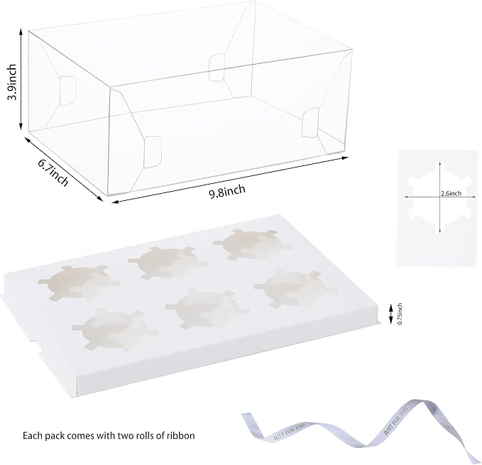 20 Packs Clear Cupcake Boxes 6 Count plastic Cupcake Carrier with Gift Ribbon Cup Cake Holder Containers for Treat Dessert Cookies Muffins Packaging for Party Baking Wedding