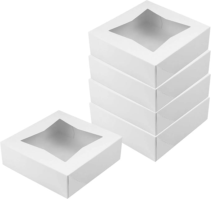 O'Creme White Bakery Boxes with Window, 10 x 10 x 2.5 Inches Deep, Pack Of 5, Display Pies, Pastries, Cupcakes and Cookies | Paperboard White Kraft Auto-Popup Window Cake Box, Pastry Container Carrier