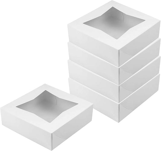 O'Creme White Bakery Boxes with Window, 10 x 10 x 2.5 Inches Deep, Pack Of 5, Display Pies, Pastries, Cupcakes and Cookies | Paperboard White Kraft Auto-Popup Window Cake Box, Pastry Container Carrier