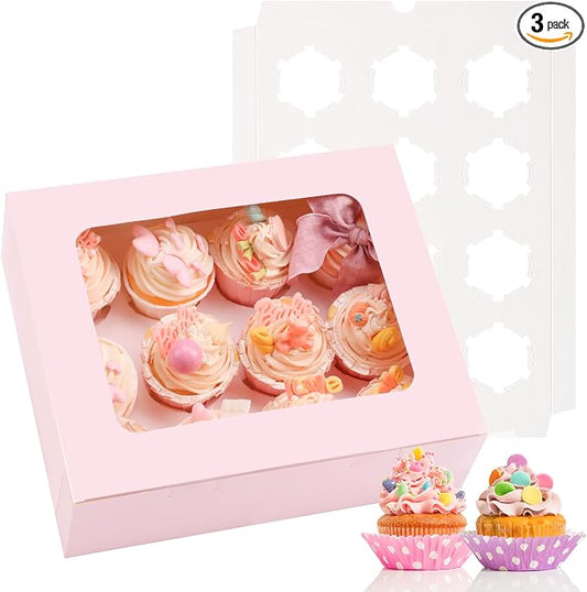 Moretoes 3PCS Cupcake Boxes with Window,Hold 12 Count Cupcake Containers for Cupcakes, Desserts, and More (Pink)