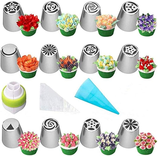 Russian Piping Tips Set, 24pcs Supplies Kit, Icing Nozzles Flowers Shaped, Frosting Bags and Tips Baking Supplies (24pcs)