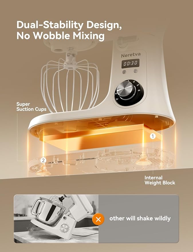 Neretva Stand Mixer, 6.34QT & 6 Speed Professional Mixers Kitchen Electric Stand Mixer Super Stable & Lower Noise Household Stand Mixer with Stainless Steel Bowl, Whisk, Flat Beater, Dough Hook -Beige