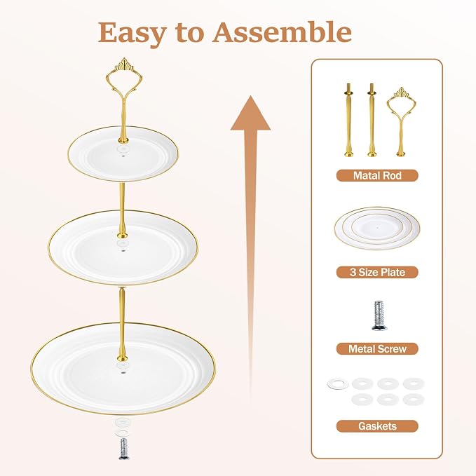Lzerking 13pcs Dessert Table Display Set, 6 3-Tiered Cupcake Stands (3round & 3square) with 4 Trays & 3 Tongs, White Gold Plastic for Wedding, Tea Party, Baby Shower Decor, Birthday Party Decoration