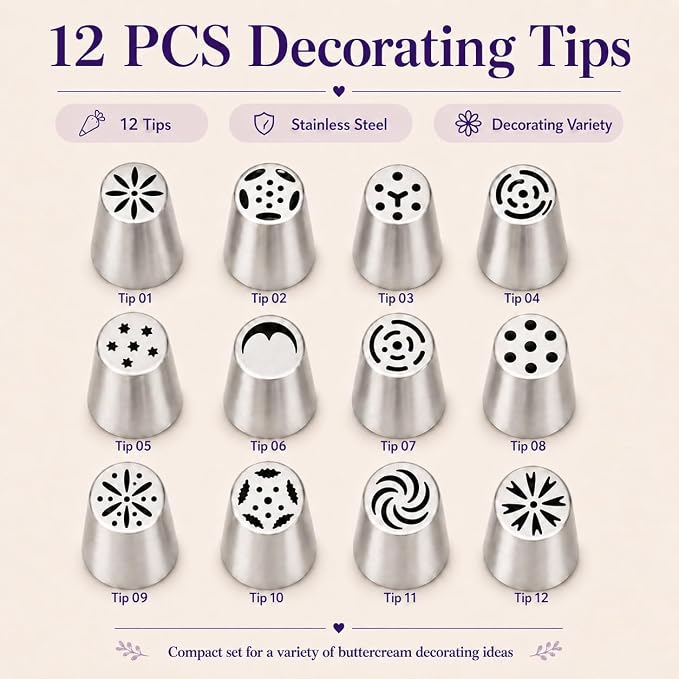 12 PCS Russian Piping Tips, Stainless Steel Flower Piping Tips for Cake Decorating, Flower Icing Tips and Frosting Nozzles for Cupcakes, Cookies, Desserts and DIY Baking Decoration