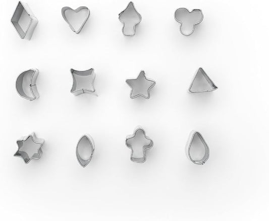 Fox Run Mini Shapes Fondant Cutter Set, Small Star, Diamond, Heart, Clover, Spade, Moon, Oval, 12-Piece, Stainless Steel