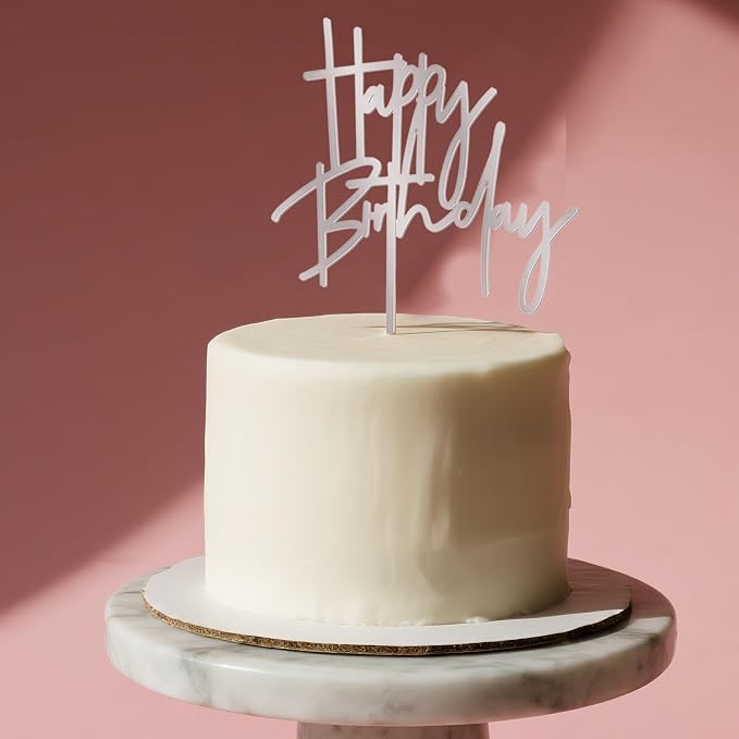 Happy Birthday Cake Topper – Minimalist Acrylic Birthday Cake Decoration, Reusable Modern Script Cake Pick for Adult Birthday, Party Dessert Decor (Silver)