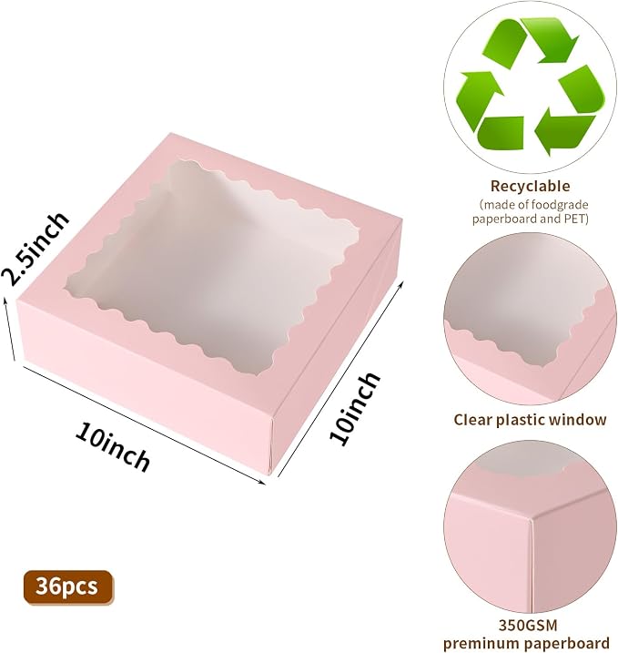 36 pcs 10x10x2.5 Inches Pink Bakery Boxes with Window, Cake Pastry Cookie Boxes, Mini Pie for Pastry box,Dessert,Strawberries,Chocolates (Pink, 10x10x2.5inch/36pcs)