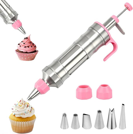 Dessert Decorating Syringe Set, Stainless Steel Frosting Piping Kit with 2 Tip Couplers & 6 Decorating Piping Tips Icing Piping Kit Cupcake Decorating Kit Cake Decorating Tools (Pink)