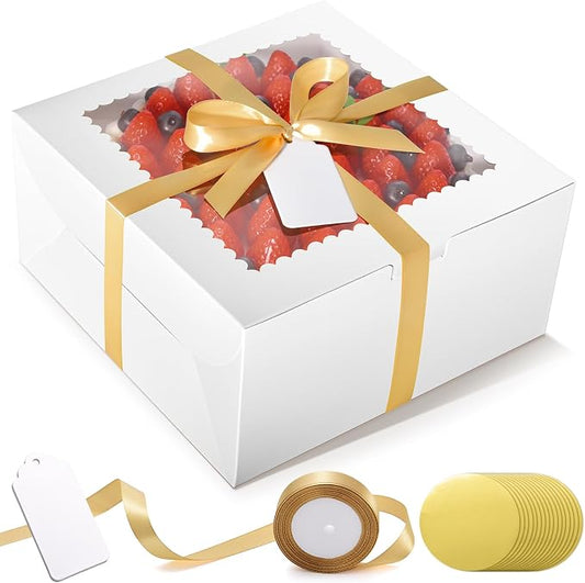 32Pcs 10 Inch Cake Boxes with Cake Boards (16Pcs White Cake Boxes, 16Pcs Cake Boards), 10x10x5 Inch Bakery Boxes with Window, Cake Carrier Container for Birthday Party, Wedding