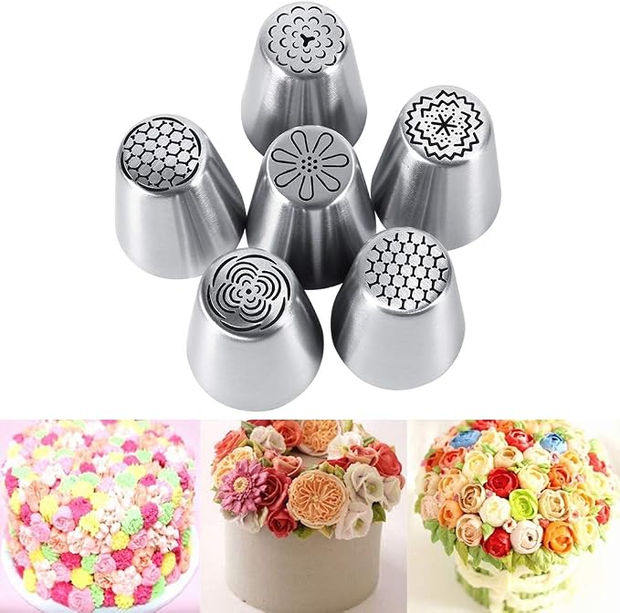 GOTOTOP Russian Piping Tips Set, 6 Pcs Russian Tips for Cake Decorating, Large Piping Tips Set Cake Icing Tips for Cookie Cupcake Decorating