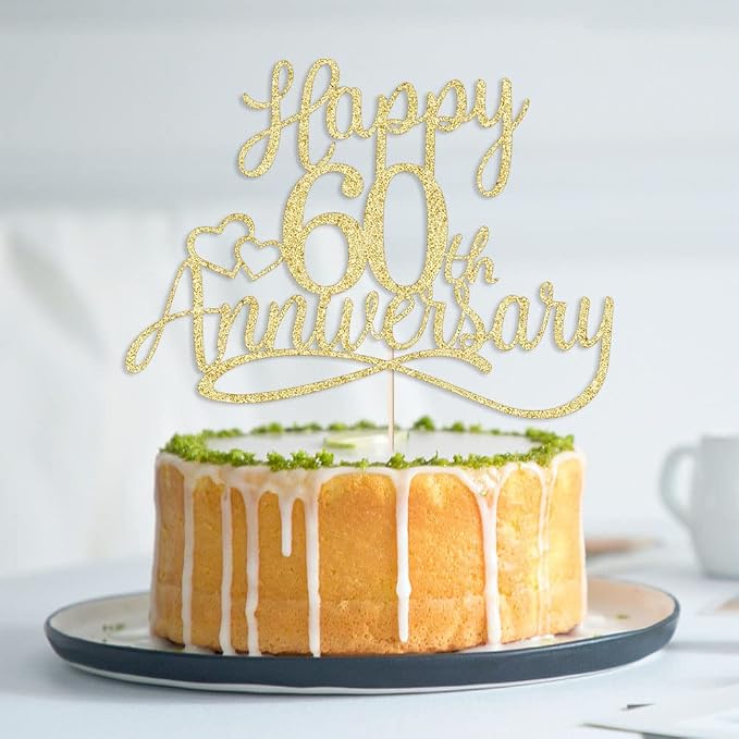 Sleyberoy Gold Glitter Happy 60th Anniversary Cake Toppers -Wedding Anniversary Party Decorations, 60th Wedding Anniversary, Company Anniversary Party, Birthday Party Decorations (60 Gold)