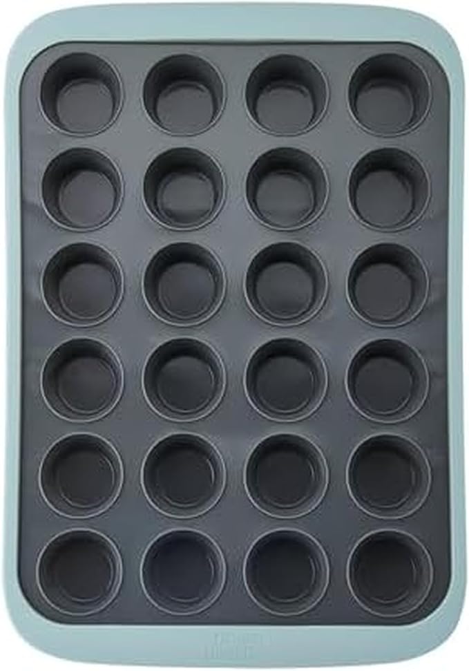 Chicago Metallic Silicone Mini Muffin Pan 24 Cup, Nonstick Cupcake Pan with Wire-Reinforced Rim, Oven Safe Flexible Baking Mold for Muffins, Egg Bites, and More, Blue, 14.6 x 10 Inches