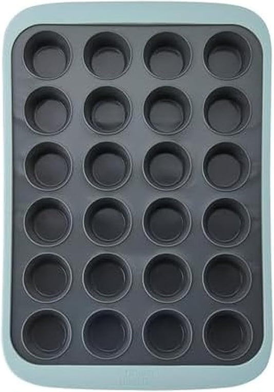 Chicago Metallic Silicone Mini Muffin Pan 24 Cup, Nonstick Cupcake Pan with Wire-Reinforced Rim, Oven Safe Flexible Baking Mold for Muffins, Egg Bites, and More, Blue, 14.6 x 10 Inches