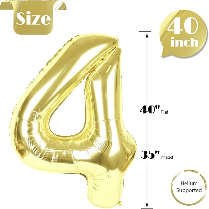 Light Gold Number 4 Balloon 40 Inch, 4th Birthday Party Decorations for Children, Giant 4 Foil Balloon for Party Supplies