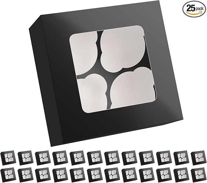 25 Black Cupcake Boxes, 4 Count Cupcake Containers with Window and Inserts, 6.3×6.3×3 Inches Cupcake Holders for Cupcakes, Muffins, Cookies, Desserts, Pastries