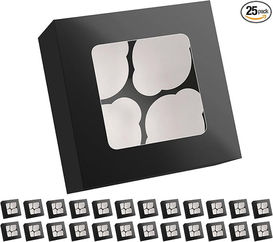 25 Black Cupcake Boxes, 4 Count Cupcake Containers with Window and Inserts, 6.3×6.3×3 Inches Cupcake Holders for Cupcakes, Muffins, Cookies, Desserts, Pastries
