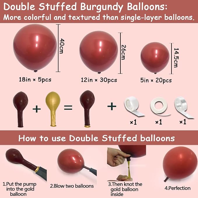 Burgundy Balloons Double Stuffed Wine Red Rose Red Balloon Arch Kit Maroon Garland Different Size For Wedding Birthday Baby Shower Anniversary Wine Party Decorations