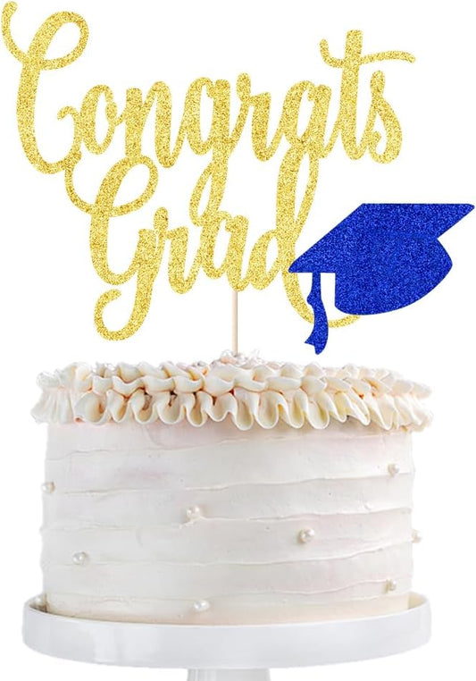 Congrats Grad Cake Topper,2026 Graduation Cake Topper, Congrats Grad Decorations,2026 High School/College/Senior Graduation Party Decorations Supplies. (Congrats Grad Gold dark blue)