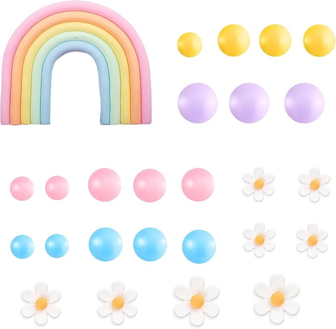 Boho Cake Topper, Qoadwem 26pcs Rainbow Cake Topper For Hippie Themed Daisy Flowrs Blue Dog Cake Toppers Pastel Ball Cake Decorations for Groovy Hippie Wedding Party Supplies