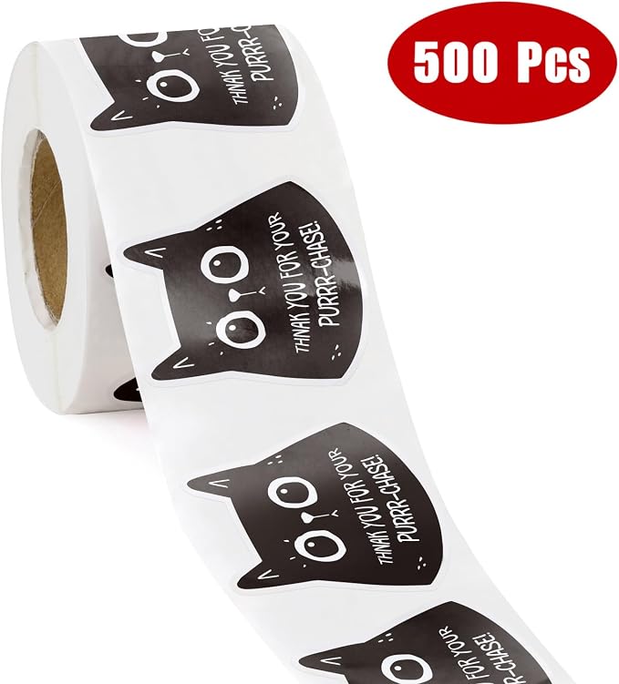 WRAPAHOLIC 1.77 x 2 Inch 500 Total Business Stickers Roll - Black Cat and Purrr-Chase Text Design, Thank You Lables, Shipping Stickers for Baby Shower and Party Decorations