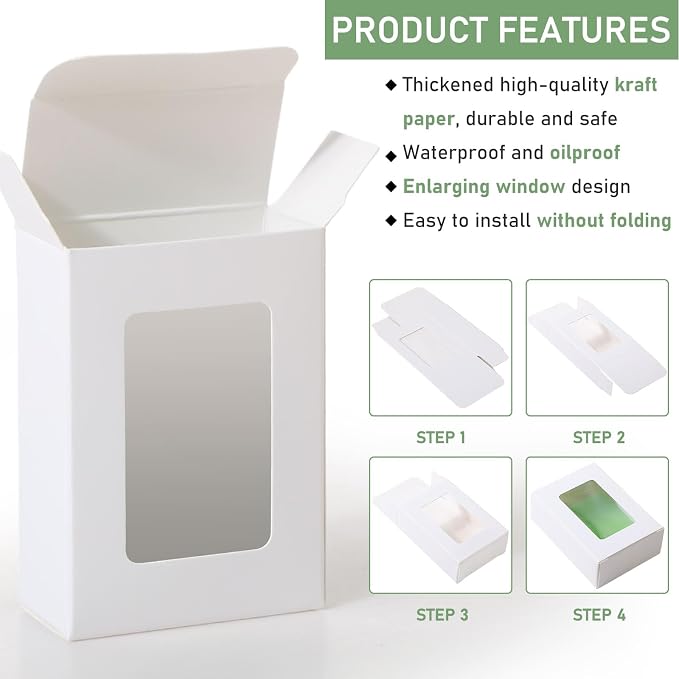 Zhanmai 100 Set White Small Soap Boxes for Homemade Soap, 3.35 x 2.36 x 1.2 Inch Paper Packaging Boxes with Window, with 100 Tag and Twine, Gift Wrapping Supplies for Bakery Candy Cookies Party Favors