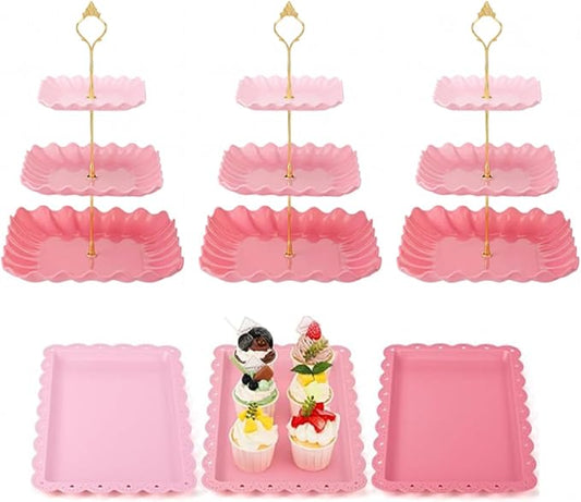 FoldTier 6 Pack Cupcake Stand Set 3 Pcs 3 Tier Gradient Dessert Table Display Stands Cookie Tray Rack 3 X14 in Rectangle Party Trays for Wedding Birthday Tea Party Baby Shower(Pink,Rectangle)