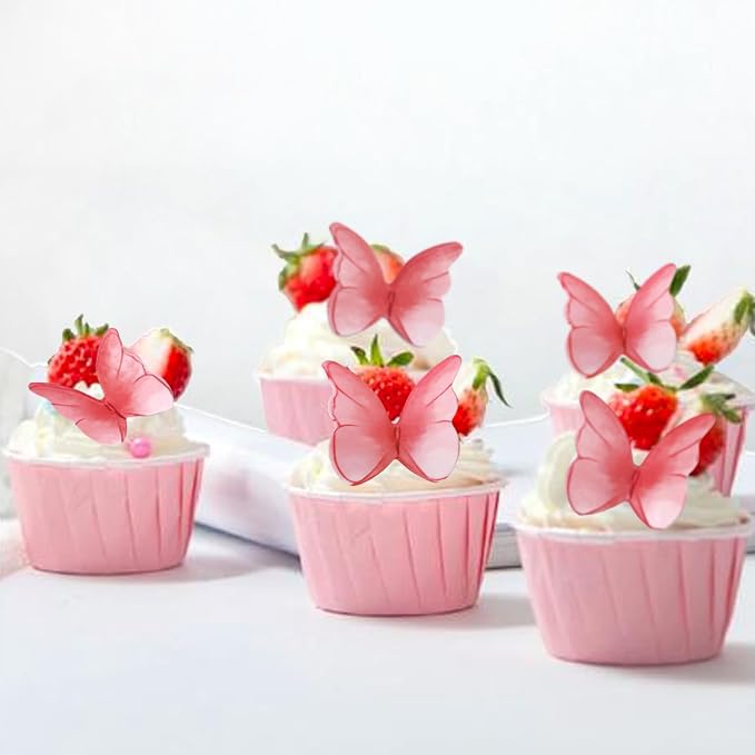 52 pcs edible wafer paper butterfly cake decoration, Cupcake topper multicolor butterfly decorative paper suitable for weddings birthdays Christmas cocktails (Watercolor red)