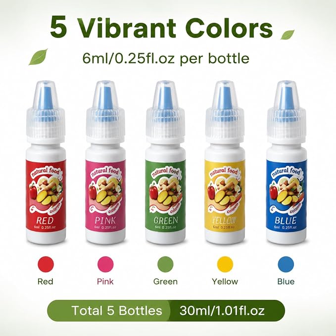 Natural Food Coloring Liquid Set – FD&C & Artificial Dye Free, 5 Color Edible Colorant for Baking, Cake Decorating, Frosting, Drinks, Crafts, Red/Pink/Green/Blue/Yellow, 6ml Each, Non-GMO, Gluten-Free