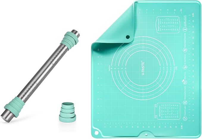 U-Taste 18/8 Stainless Steel 16 inch Adjustable Rolling Pin with Silicone Removable Thickness Rings, and 20inx16in Large Silicone Pastry Mat Food-Grade Non-Stick Dough Rolling Mat (Aqua Sky+Transparen