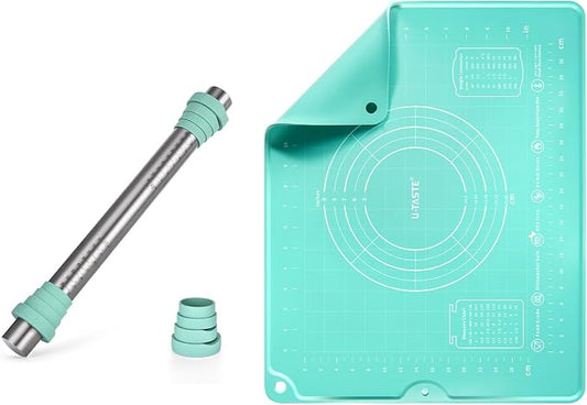 U-Taste 18/8 Stainless Steel 16 inch Adjustable Rolling Pin with Silicone Removable Thickness Rings, and 20inx16in Large Silicone Pastry Mat Food-Grade Non-Stick Dough Rolling Mat (Aqua Sky+Transparen